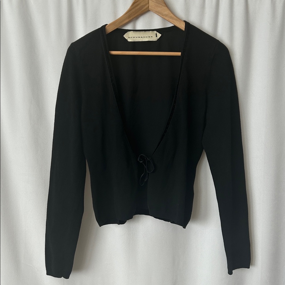 Schumacher Black Velvet Open Front Tie Sweater Cardigan Top **Size L** 🌺🌺 - Picture 1 of 5